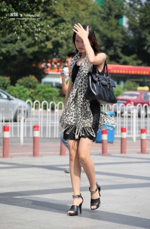 连衣裙兽纹围巾少妇