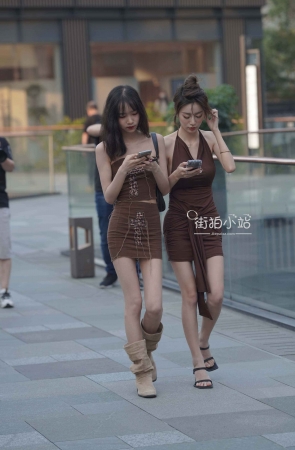 街拍棕色短裙长腿姐妹