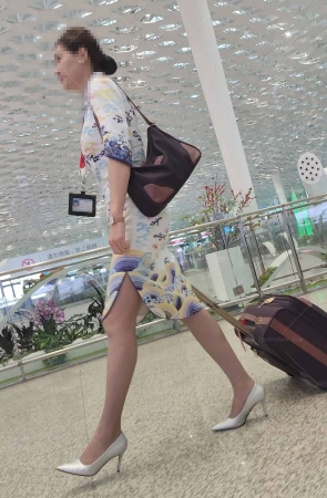 4K视频海航开衩旗袍灰丝步态高跟声音绝美 6P