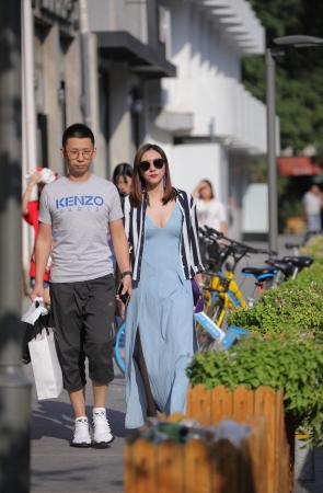 蓝色V领长裙美女